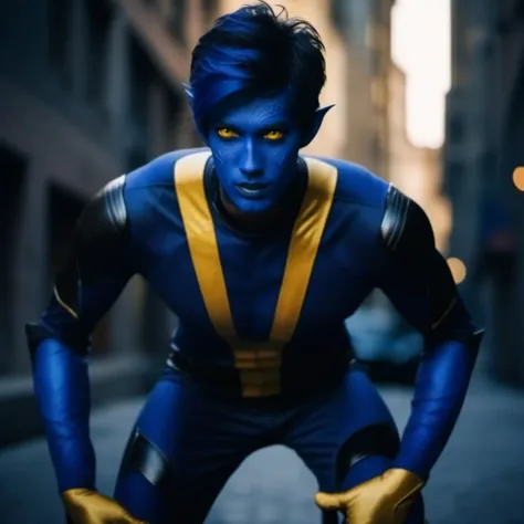 cinematic photo a full body man with blue body paint, yellow eyes, blue devil tail, black superhero suit <lora:NightCrawler1024:0.9> . 35mm photograph, film, bokeh, professional, 4k, highly detailed