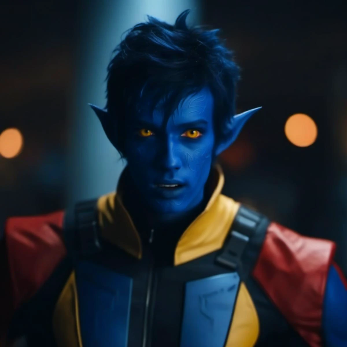 cinematic photo full body man with a blue skin, pointy ears, red and black bodysuit, yellow eyes, devil tail <lora:NightCrawler1024:0.9> . 35mm photograph, film, bokeh, professional, 4k, highly detailed