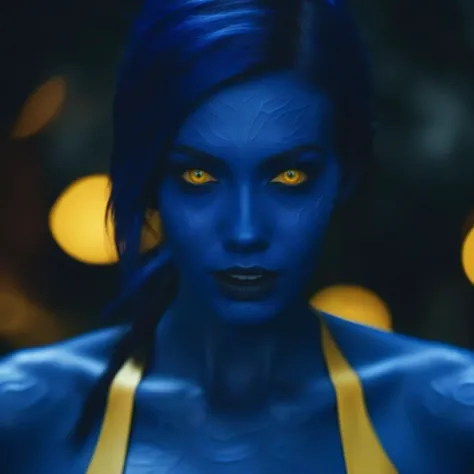 cinematic photo a portrait of woman with blue skin, blue body paint, devil tail, yellow eyes <lora:NightCrawler1024:0.8> . 35mm photograph, film, bokeh, professional, 4k, highly detailed