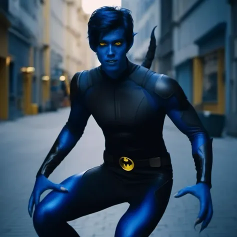 cinematic photo a full body man with blue body paint, yellow eyes, blue devil tail, black superhero suit <lora:NightCrawler1024:0.9> . 35mm photograph, film, bokeh, professional, 4k, highly detailed