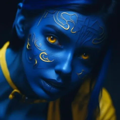 cinematic photo a portrait of  woman with blue skin, blue body paint, devil tail, yellow eyes <lora:NightCrawler1024:0.8> . 35mm photograph, film, bokeh, professional, 4k, highly detailed