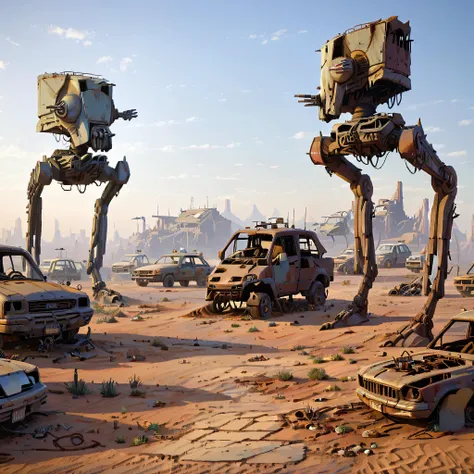 a giant atstwlkr stands rusting in a desert junkyard surrounded by old cars,