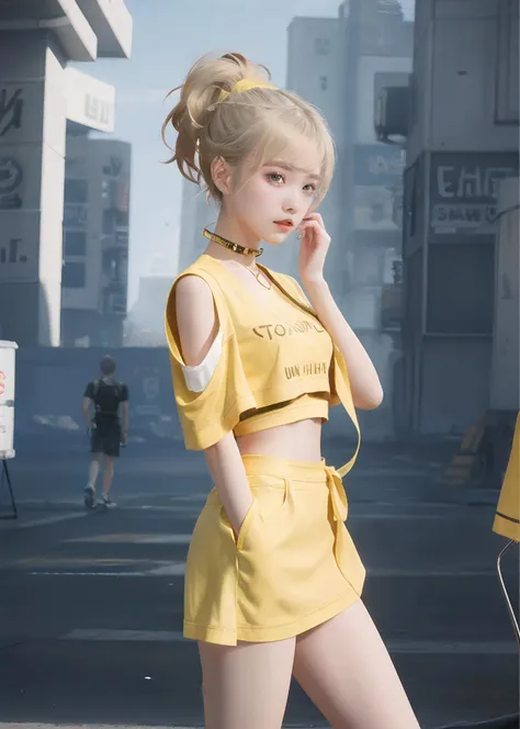 [[tie up your hair]],[[the hands of a normal young girl]],tech world,yellow hair,high quality,a beautiful girl in yellow,<lora:XM:0.7>,there's nothing extra on my body,my hand is covered by clothes,hands down,hand covered,