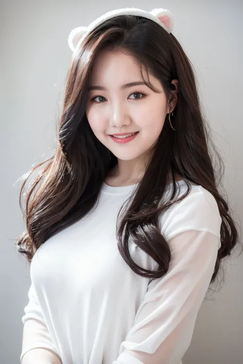 masterpiece, best quality,closed mouth, looking at viewer, upper body, alluring, clean, beautiful face, pure face, pale skin, little smile, a woman wearing a white bear costume with long hair and a smile on her face, posing for a picture with a white background and gray background, <lyco:jinji:1>,