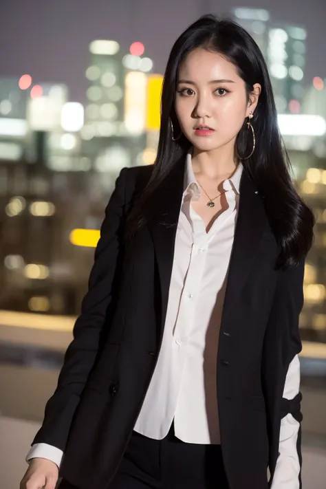 nikon RAW photo,8 k,Fujifilm XT3,masterpiece, best quality, 1girl,solo,realistic, photorealistic,ultra detailed, diamond stud earrings, long straight black hair, hazel eyes, serious expression, slender figure, wearing a black blazer and white blouse, standing against a city skyline at night