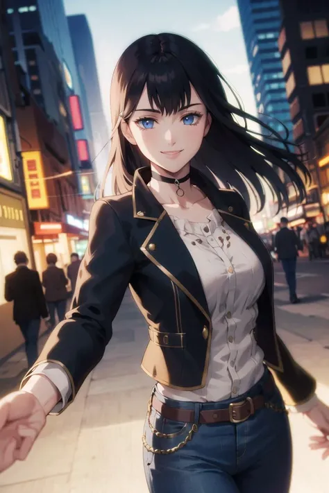 1girl,cowboy shot, beautiful (lolopechka), looking at viewer, smile, shirt, pants, belt, dynamic pose,choker, black jacket, city, smile, outdoors, volumetric lighting, best quality, masterpiece, intricate details, tonemapping, sharp focus, hyper detailed, trending on Artstation,