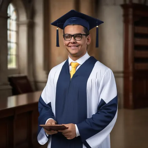 Santos1024, full body, a gradueting man with glasses, wears The mortarboard and The gown, detailed eyes,  photography, highly detailed, sharp focus, trending on artstation, studio photo, intricate details, highly detailed, by greg rutkowski  <lora:Santos1024:0.9>