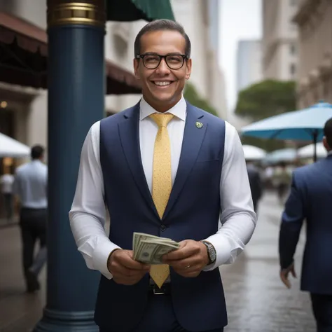 Santos1024, full body, a trader with glasses,laugh, money rains, wallstreet, detailed eyes,  photography, highly detailed, sharp focus, trending on artstation, studio photo, intricate details, highly detailed, by greg rutkowski  <lora:Santos1024:0.7>