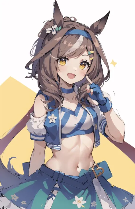 ((masterpiece,best quality)),
(illustration),sketch,
matikane tannhauser (blue turbulence), 1girl, animal ears, horse ears, horse tail, horse girl, tail, gloves, navel, fingerless gloves, brown hair, midriff, solo, cropped jacket, breasts, hair ornament, looking at viewer, blush, medium breasts, blue gloves, open mouth, ponytail, yellow eyes, medium hair, skirt, bird, flower, headband, crop top, alternate costume, belt, hairclip, smile,
<lora:matikane tannhauser:1>,, Flat design,graphic design,minimalism design,constructivism,retro style,With a full sense of design,