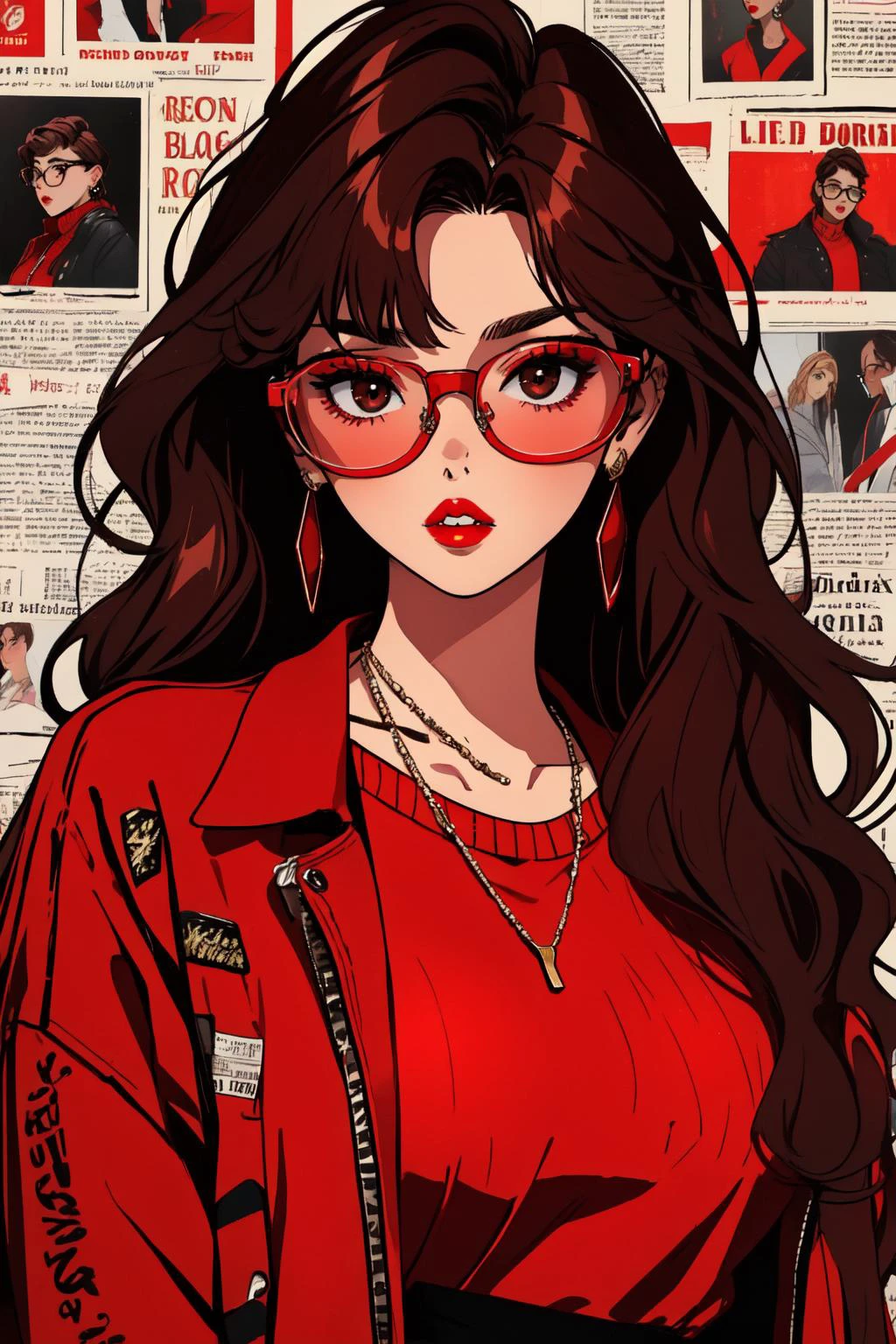 newspaper wall, glasses, parted lips, looking over eyewear, black jacket, jewelry, long hair, jacket, red shirt, solo, upper body, brown hair, 1girl, necklace, earrings, red sweater, looking at viewer, red-tinted eyewear, sweater, red jacket, red lips, <lora:NewspaperWallGoofy:1> <lyco:DerpixonStyle:1>,