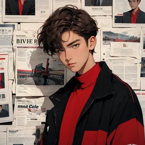 male focus, newspaper wall, black jacket, short hair, jacket, red shirt, solo, upper body, brown hair, 1boy, red sweater, looking at viewer, sweater, <lora:newspaper wall by Goofy Ai:0.8> newspaper wall