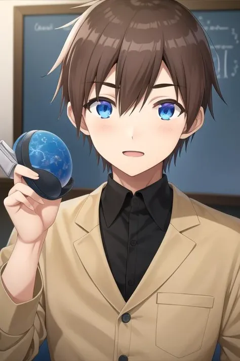 masterpiece, best quality, wallpaper, 1boy, solo, male focus, looking at viewer, upper body, , anime coloring, , <lora:kyouya_hashiba:0.76>, kyouya_hashiba, brown hair, blue eyes, khakis, , new wave science fiction,