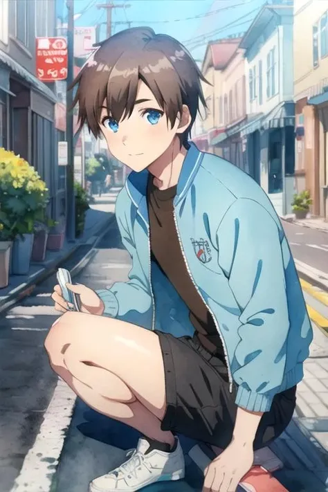 masterpiece, best quality, game cg, 1boy, solo, male focus, looking at viewer, , depth of field, (watercolor illustration, soft pastel colors:1.1), , <lora:kyouya_hashiba:0.78>, kyouya_hashiba, brown hair, blue eyes, windbreaker, , sidewalk, 32k resolution