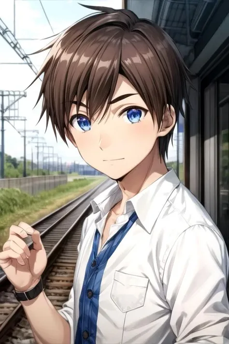 masterpiece, best quality, , 1boy, solo, male focus, looking at viewer, upper body, , anime coloring, , <lora:kyouya_hashiba:0.78>, kyouya_hashiba, brown hair, blue eyes, , railroad tracks,