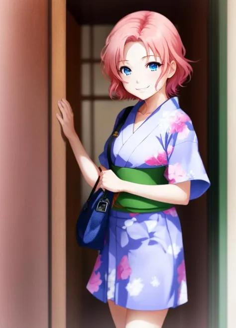 <lora:LBX-Girls_Riko:0.6>, LBX-Girls_Riko, 1girl, pink hair, blue eyes, yukata, short hair, solo, smile, standing,