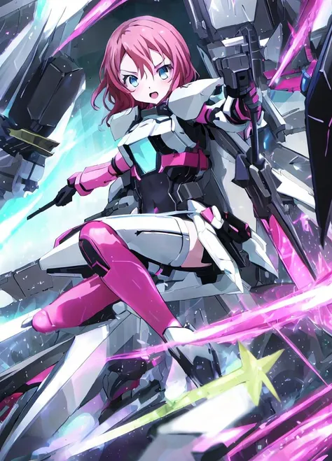 <lora:LBX-Girls_Riko:0.6>, LBX-Girls_Riko, 1girl, solo, blue eyes, open mouth, mecha musume, short hair, bodysuit, gloves, covered navel, pink hair, pink gloves, thighhighs, weapon, armor, looking at viewer, <lora:Masterpiace:0.8>