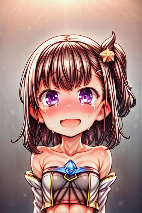 masterpiece_portrait, high quality, canvas, anime_art_style, cartoon,year 2014,fate kaleid liner prisma illya, mimi katsura, asymmetrical bangs, gemstone, blue gemstone, star hair ornament, one side up, 1girl, solo, navel, blush, tears, purple eyes, armpits, hair ornament, open mouth, star (symbol), smile, midriff, crying, detached sleeves, brown hair, looking at viewer, star hair ornament, short hair, one side up, crying with eyes open, bare shoulders, strapless, collarbone, arms behind head, upper body, Empty eyes <lora:add_detail:0.6><lora:hyperdetailer_v095:0.4> <lora:mimi_katsura_magical_girl_vol._5:0.8>