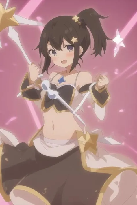1girl, solo, navel, black_hair, hair_ornament, blush, bare_shoulders, open_mouth, side_ponytail, midriff, staff, short_hair, detached_sleeves, looking_at_viewer, star_(symbol), star_hair_ornament, collarbone,magic stick, holding weapon, gem, strapless dress, <magical girl:0.6>, <lora:mimi_katsuramagical_girl:0.8>,crop top, long skirt, white skirt, white sleeves, mimi,smile,