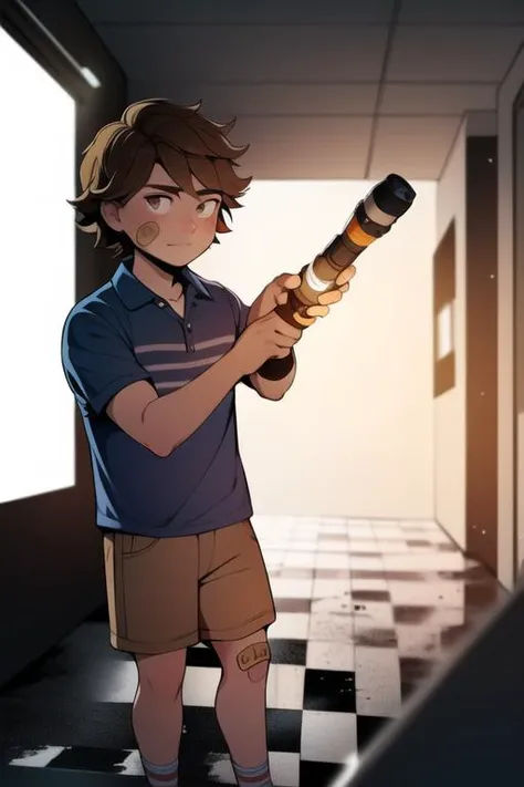 <lora:fnaf gregory-06:1> gregory, brown hair, shirt, blue shirt, bandaid, bandaid on face, brown shorts, striped shirt, abandoned building, holding flashlight, dark, black background, checkered floor, child, zoomed in shot, black area, detailed shading, detailed ambient light, detailed background, masterpiece,