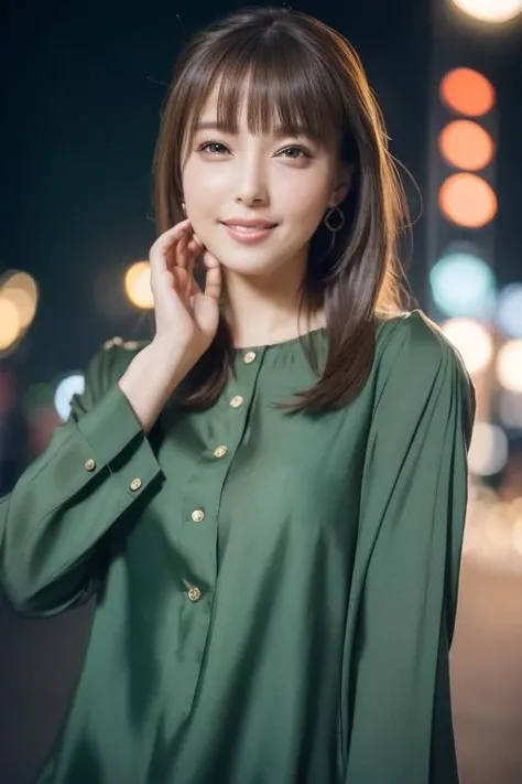1girl,(wearing a green blouse:1.2),(RAW photo, best quality), (realistic, photo-realistic:1.4), masterpiece, an extremely delicate and beautiful, extremely detailed, 2k wallpaper, Amazing, finely detail, extremely detailed CG unity 8k wallpaper, ultra-detailed, highres, soft light, beautiful detailed girl, extremely detailed eyes and face, beautiful detailed nose, beautiful detailed eyes,cinematic lighting,city lights at night,perfect anatomy,slender body,smiling <lora:katoemiri_lora:0.7>