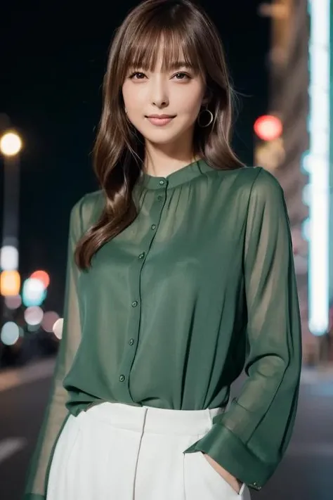 1girl,(wearing a green blouse:1.2),(RAW photo, best quality), (realistic, photo-realistic:1.4), masterpiece, an extremely delicate and beautiful, extremely detailed, 2k wallpaper, Amazing, finely detail, extremely detailed CG unity 8k wallpaper, ultra-detailed, highres, soft light, beautiful detailed girl, extremely detailed eyes and face, beautiful detailed nose, beautiful detailed eyes,cinematic lighting,city lights at night,perfect anatomy,slender body,light smile <lora:katoemiri_lora:0.7>