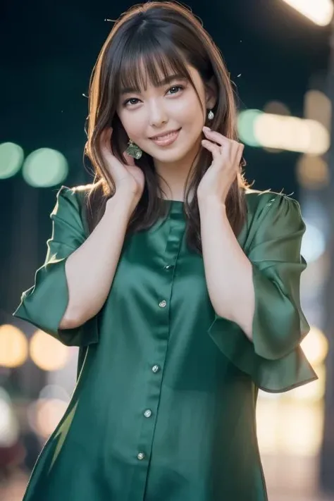 1girl,(wearing a green blouse:1.2),(RAW photo, best quality), (realistic, photo-realistic:1.4), masterpiece, an extremely delicate and beautiful, extremely detailed, 2k wallpaper, Amazing, finely detail, extremely detailed CG unity 8k wallpaper, ultra-detailed, highres, soft light, beautiful detailed girl, extremely detailed eyes and face, beautiful detailed nose, beautiful detailed eyes,cinematic lighting,city lights at night,perfect anatomy,slender body,light smile <lora:katoemiri_lora:0.7>
