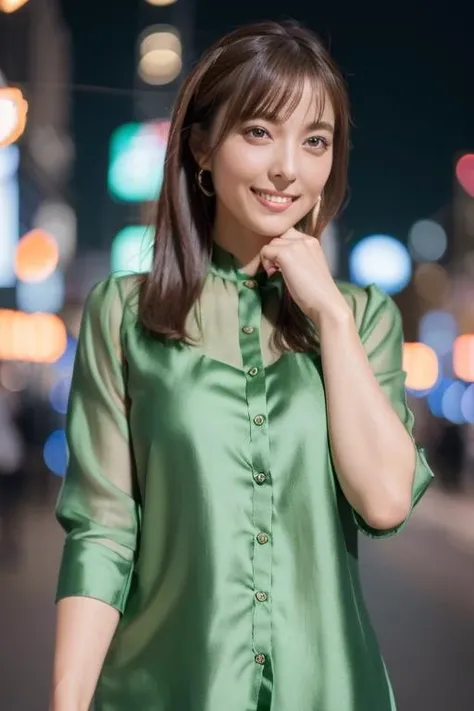 1girl,(wearing a green blouse:1.2),(RAW photo, best quality), (realistic, photo-realistic:1.4), masterpiece, an extremely delicate and beautiful, extremely detailed, 2k wallpaper, Amazing, finely detail, extremely detailed CG unity 8k wallpaper, ultra-detailed, highres, soft light, beautiful detailed girl, extremely detailed eyes and face, beautiful detailed nose, beautiful detailed eyes,cinematic lighting,city lights at night,perfect anatomy,slender body,smiling <lora:katoemiri_lora:0.7>