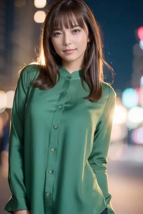 1girl,(wearing a green blouse:1.2),(RAW photo, best quality), (realistic, photo-realistic:1.4), masterpiece, an extremely delicate and beautiful, extremely detailed, 2k wallpaper, Amazing, finely detail, extremely detailed CG unity 8k wallpaper, ultra-detailed, highres, soft light, beautiful detailed girl, extremely detailed eyes and face, beautiful detailed nose, beautiful detailed eyes,cinematic lighting,city lights at night,perfect anatomy,slender body,smiling <lora:katoemiri_lora:0.7>