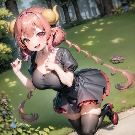 (work of art, absurderes, best qualityer:1.2), standing alone, 1 girl, portraite, precise, (whole body:1.35), fine-details, Depth of field, Glow Up, high resolution, original, perfect lighting, cute face, face detailed, proportional hands, correct hands and arms, colorfully, centred, (wearing Japanese maid uniform, white shirt, red necktie:1.5), (a happy face expression, language:1.35), (brave face, a burning body:1.5), (long braided black hair, hair cut, ring earrings, red lipgloss stick), vampire lover, (pointy ears, dentes pontudos, sharp fangs, vampire's teeth:1.35), Blunt bangs, (breastsout), (cups, suncups, round tinted cups)