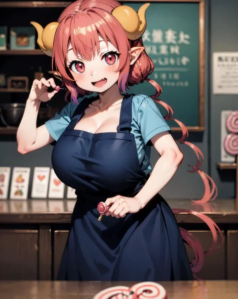 masterpiece, high quality,best quality,
<lora:ilulu-01:1>,fang, skin fang,ilulu \(maidragon\),
ilulu, 1girl, solo, looking at viewer, blush, smile, open mouth, large breasts, shirt, cleavage, short sleeves, blurry background, light blue shirt, (black apron:1.5),jeans,(candy store:1.5), stance, snack bar,snack,pants,