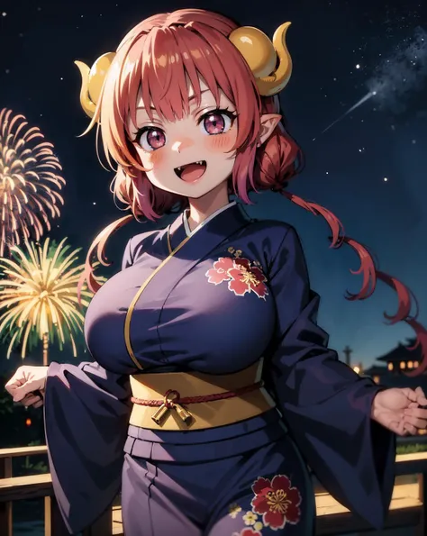 masterpiece, high quality,best quality,
<lora:ilulu-01:1>,fang, skin fang,ilulu \(maidragon\),huge breasts,
ilulu, 1girl, solo, blush, smile, open mouth, large breasts, long sleeves, :d, outdoors, japanese clothes, sky, teeth, kimono, sash, night, low twintails, upper teeth only, obi, floral print, sharp teeth, star (sky), night sky, starry sky, yukata, print kimono, purple kimono, fireworks, shortstack