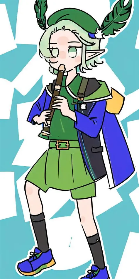 kyoufuu all back <lora:Kyoufuu All Back:1> simple_background, solo, recorder, flute <lora:AoiLoRA-V2:0.9> aoi, ao1, elf, green_hair, green_headwear, bangs, hair_over_one_eye, hat_feather, 4rt / scrcap