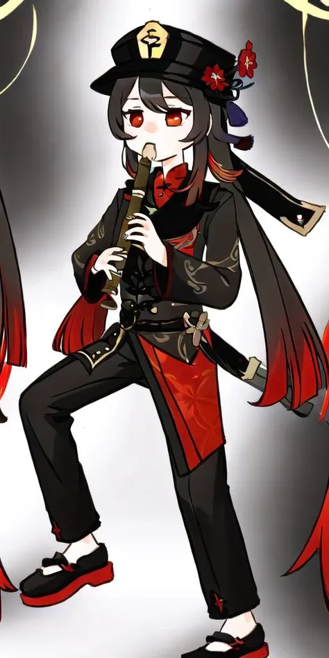 kyoufuu all back <lora:Kyoufuu All Back:1> simple_background, solo, recorder, flute <lora:hutao_v2:1> hu_tao_\(genshin_impact\), hat, red_eyes, (black:1.3) chinese_clothes, (long_hair:1.2)