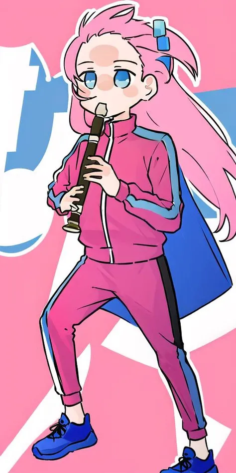 kyoufuu all back <lora:Kyoufuu All Back:1> simple_background, solo, recorder, flute <lora:gotou_hitori:1> pink_hair, long_hair, blue_eyes, hair_ornament, hairpin, pink track_suit