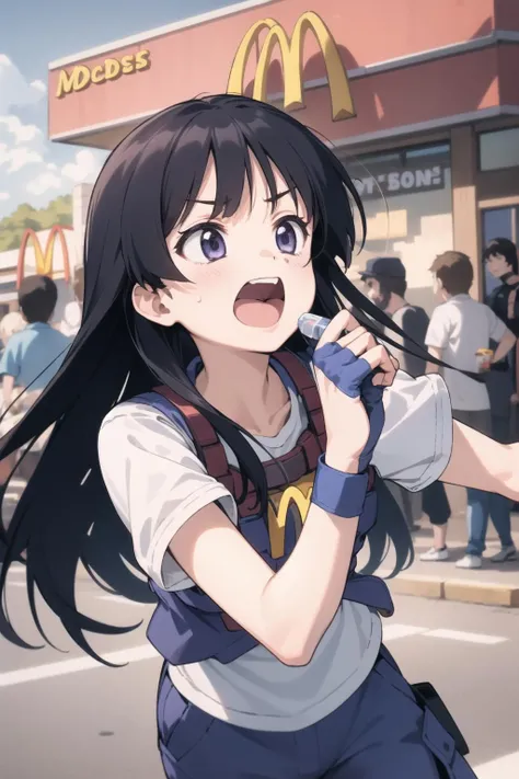 <lora:aoba-000029:1> tsuzaki,
cropped vest, cargo pants, short sleeves, fingerless gloves, white shirt,
1girl, shouting, mcdonald's