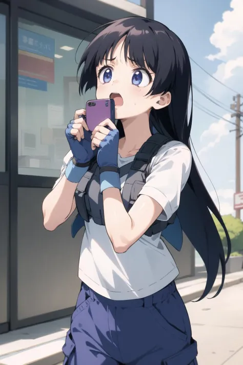 <lora:aoba-000029:1> tsuzaki,
cropped vest, cargo pants, short sleeves, fingerless gloves, white shirt,
1girl, talking on phone, holding phone, surprised, wide-eyed, distress