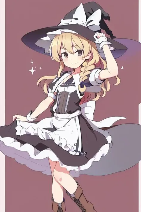 kourindou marisa, 1girl, kirisame marisa, smile, looking at viewer, witch hat, brown boots, flat chest, single braid, short sleeves, white capelet, long skirt, apron <lora:koumari:0.8>