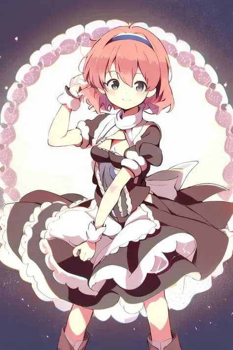 kourindou marisa, 1girl, alice margatroid, smile, looking at viewer, red hairband, brown boots, medium breasts, short hair, short sleeves, white capelet, long skirt, apron <lora:koumari:1>