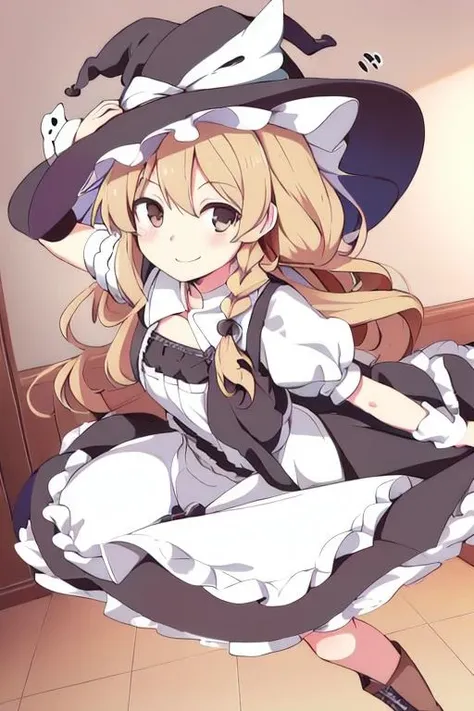 kourindou marisa, 1girl, kirisame marisa, smile, looking at viewer, witch hat, brown boots, flat chest, single braid, short sleeves, white capelet, long skirt, apron <lora:koumari:0.8>
