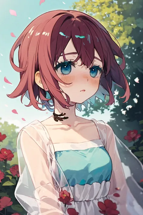 <lora:BACHeally:1>
1girl, flower, solo, short hair, pink flower, upper body, tree, blush, bangs, petals, dress, blue eyes, collarbone, outdoors, pink hair, red flower, leaf, brown hair, white dress, day, see-through, looking away, aqua eyes, sunlight, blue dress, parted lips, closed mouth, branch