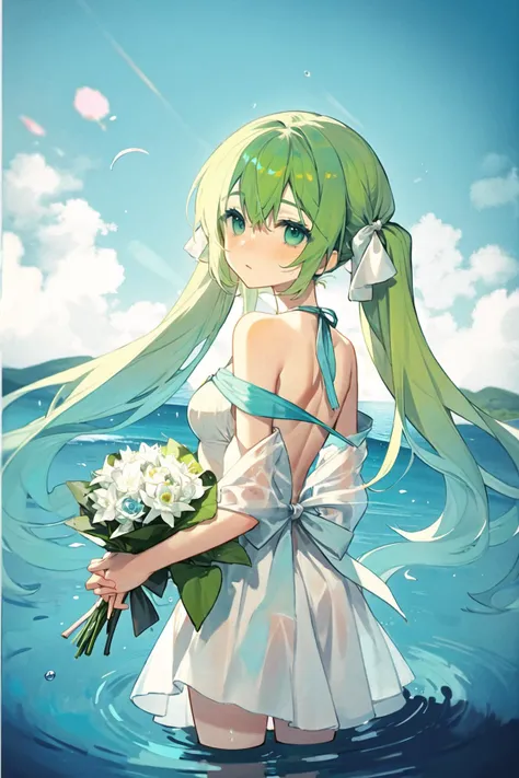 <lora:BACHeally:1>
1girl, solo, long hair, looking at viewer, bangs, dress, holding, bare shoulders, twintails, very long hair, standing, flower, outdoors, green hair, looking back, water, off shoulder, from behind, white dress, aqua eyes, aqua hair, sunlight, white flower, lens flare, wading, bouquet, off-shoulder dress, holding flower, ripples, holding bouquet, lily pad