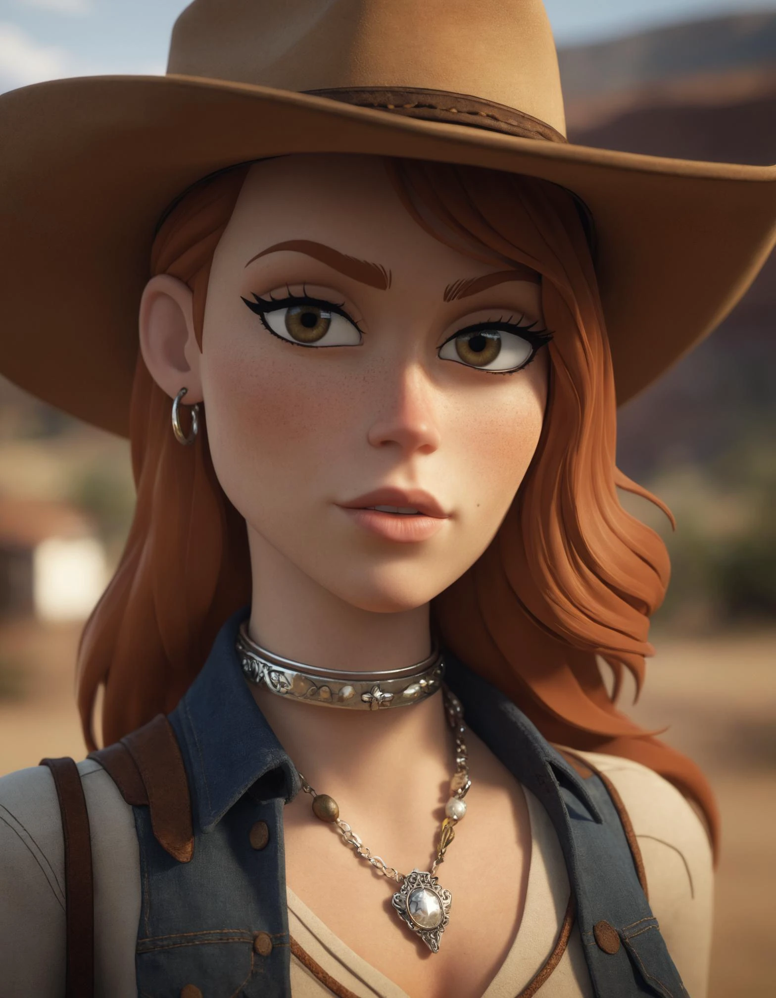 a woman  and a necklace on her neck looking at the camera with parted lips, (freckles:0.35), a portrait, neo-romanticism,  medium hair, swept bangs, ginger beauty, from side, looking at viewer, cowboy shot, casual clothing, summer, 
masterpiece, best quality, depth of field, close-up,head tilt, backlighting, intricate details