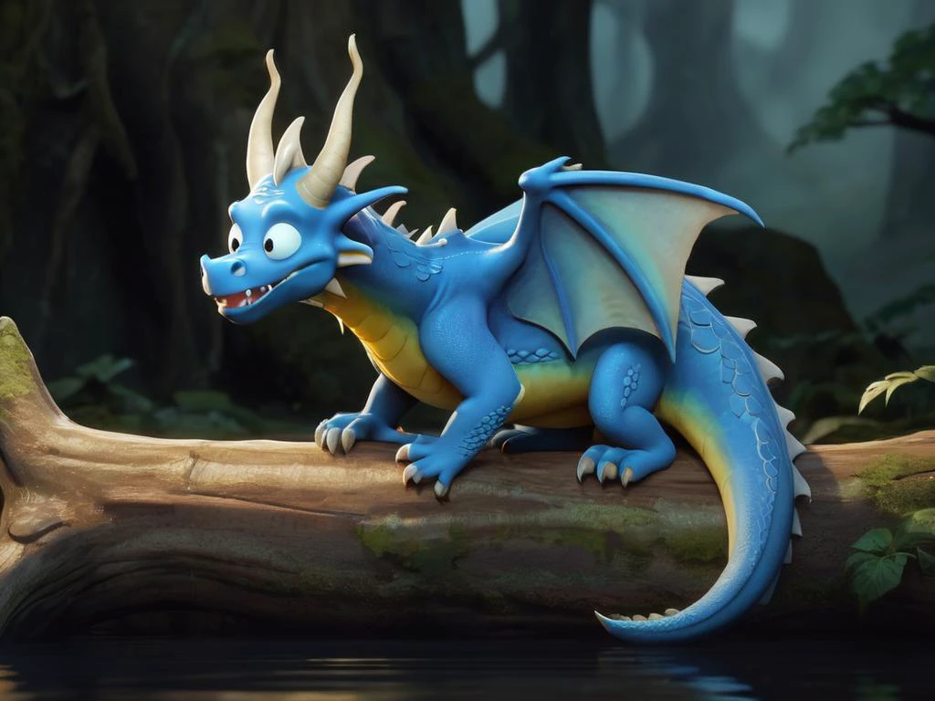 The Dragon sat on a log crying tears running down its cheeks