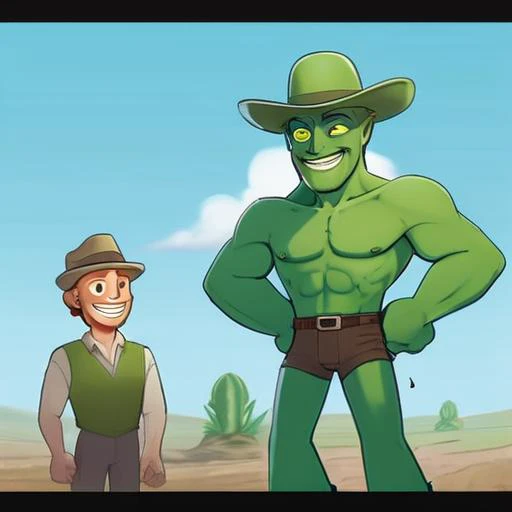 1giant green plant man,1woman, smile, 1man, hat, outdoors, multiple men, sky, day, 2men, grin, colored skin, traditional media, parody, ground vehicle, motor vehicle, car, green skin, truck, giant green man standing in background, humongous green plant man in background, extremely detailed, mystical, focused