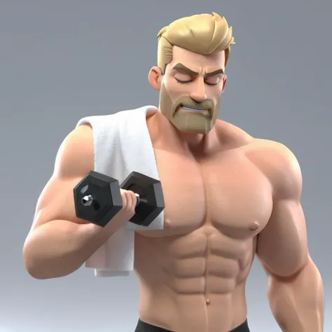 3d, 3d render,a shirtless muscular blonde man with facial hair lifting dumbbell and holding a transparent paper, eye closed, a towel on his shoulder,highly detailed, vibrant, production cinematic