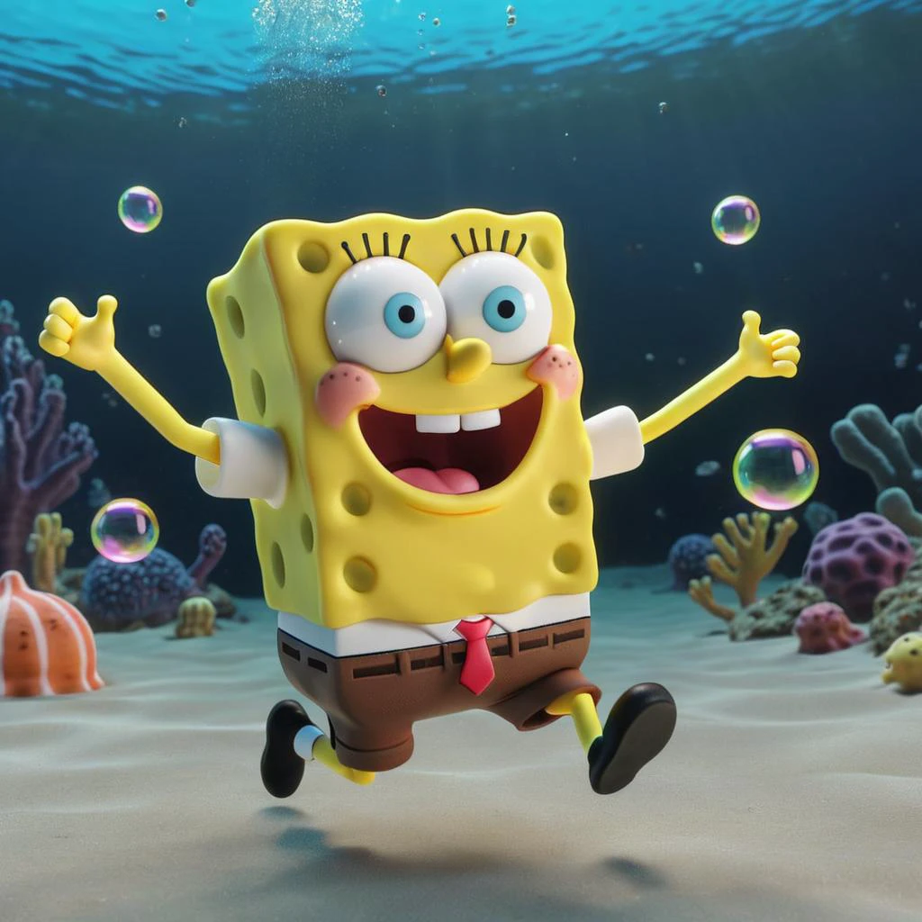 3d, 3d render, happy SpongeBob SquarePants running underwater, bubble floating around him,highly detailed, vibrant, production cinematic