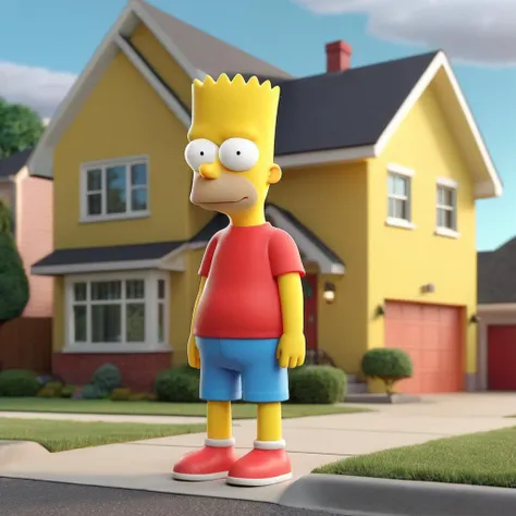 3d, 3d render,bart simpson with his hand in his pocket, suburban house background