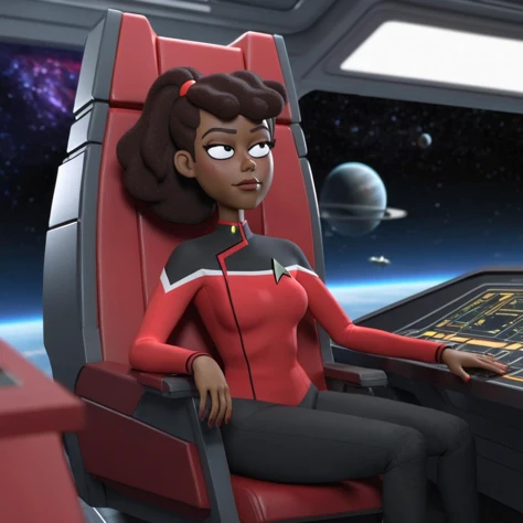 3d, 3d render,a black woman wearing red starfleet uniform leaning back on cockpit chair of a space ship,highly detailed, vibrant, production cinematic