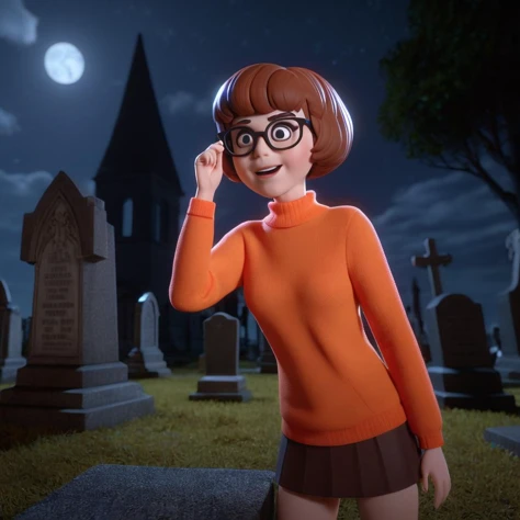 3d, 3d render, Velma Dinkley touching her glasses in front of graveyard at night ,highly detailed, vibrant, production cinematic