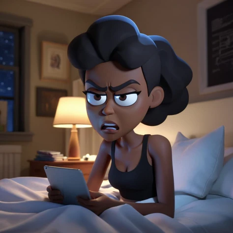3d, 3d render,angry black woman looking at a tablet on her bed at nights ,highly detailed, vibrant, production cinematic